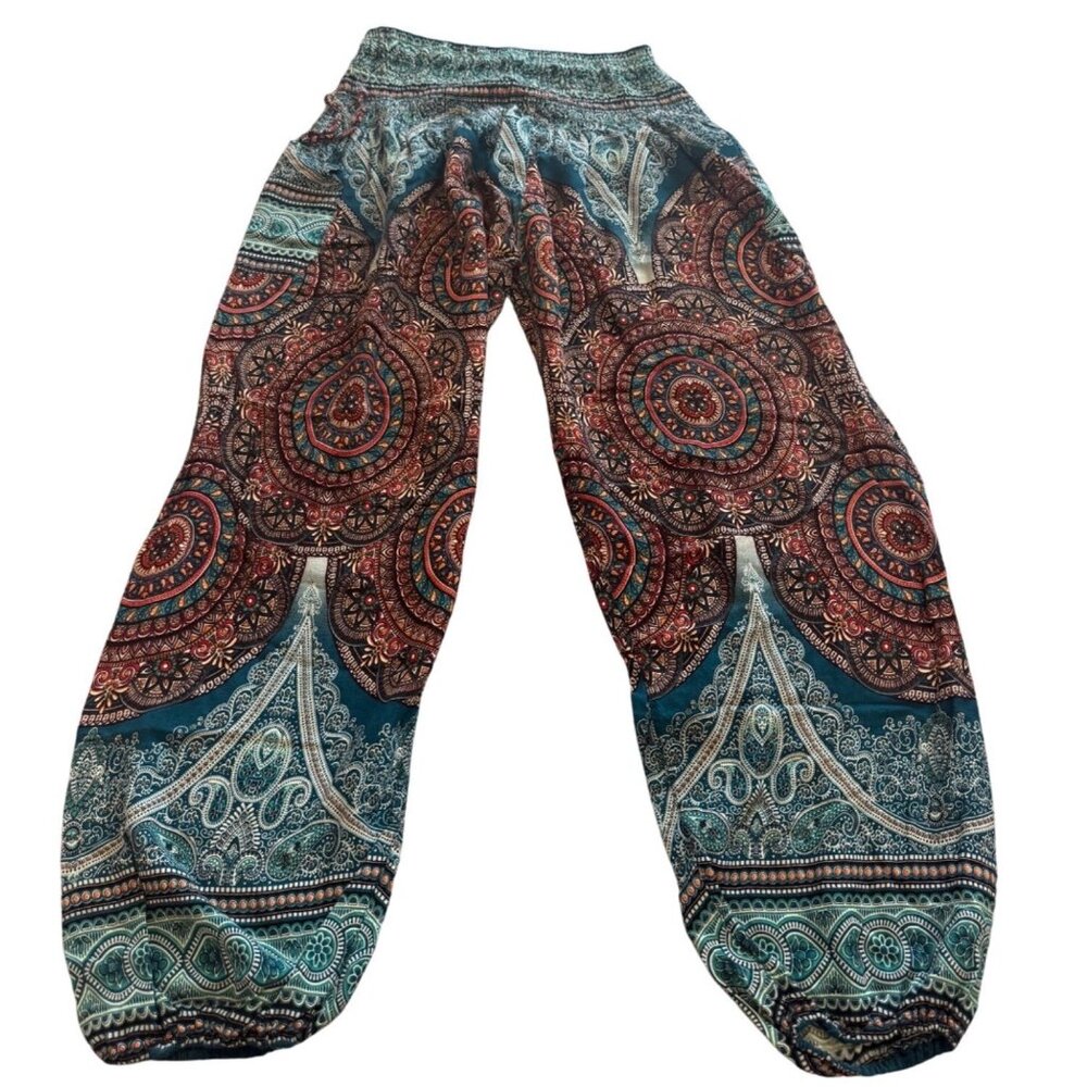 Boho Harem Pants With Elastic Waist & Cuffs Multicolor Mandala Pattern Lightweig